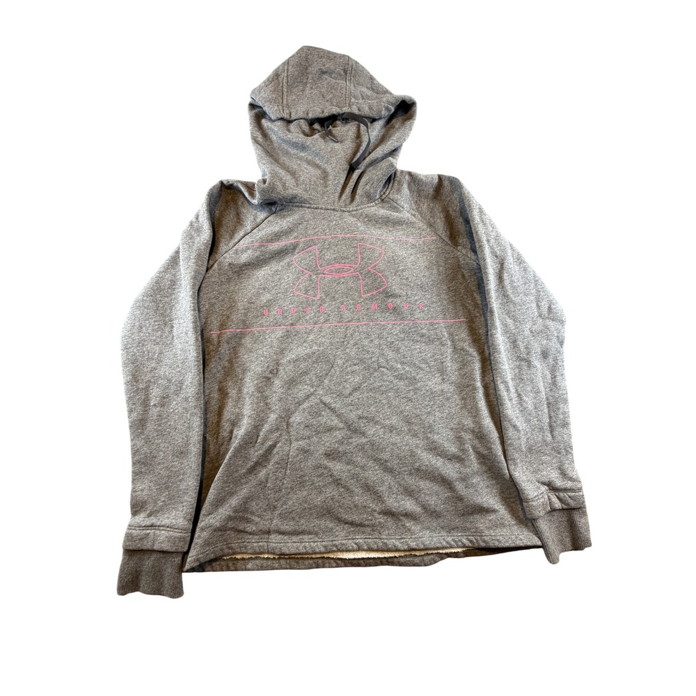 Under Armour Womens XS Gray Pink Logo Fleece Funnel Neck Hoodie Sweatshirt